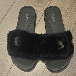 Michael Kors Black Faux Fur Slide Sandals